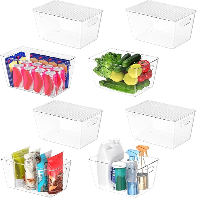 BALEINE Clear Stackable Storage Bins with Lids, Plastic Containers with Handle for Pantry Organizers and Storage, Plastic Bins for Fridge, Kitchen, Bathroom, Cabinet (13x7.4x7, 8PK) by BALEINE