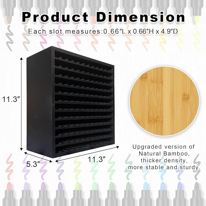 MinBoo Bamboo Marker Organizer Wooden Art Supply Storage Organizer Rack Art Markers Pens Colored Pencils Paint Brushes Stationary Organizer Holder (Black, Rack for 144 Markers) - Image 2