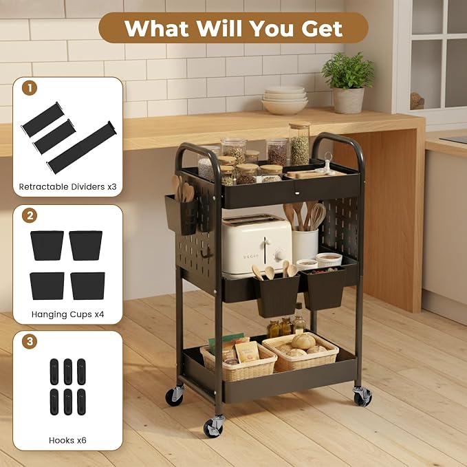 danpinera Craft Cart, Black Rolling Cart with Retractable Dividers & DIY Pegboards for Kitchen, Bedroom, Laundry - Image 3