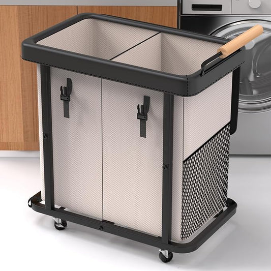190L (50 Gal) Extra Large Fashion Laundry Hamper 2 Section with Lid, Rolling Laundry Basket Hamper with Handle, Laundry Organizer Storage Cart with Sturdy Metal Frame for Laundry Room, Hotel,White by Unlockyourhomestoragelife