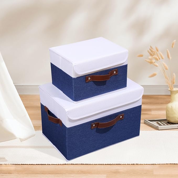 ANMINY Fabric Storage Box Bins with Lids, Blue White, 13"x9"x7.9" | Keepsake Memory Storage, Cotton Linen, PP Board Reinforced, Washable, PU Handles, Foldable & Stackable, Decorative, Medium - Image 6