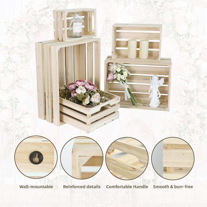 5-Piece Rustic Wooden Crates Unfinished Set, Wall Mountable Slatted Storage Crates with Handles, Farmhouse Wooden Crates for Display & Organizer for Home Decor - Image 2