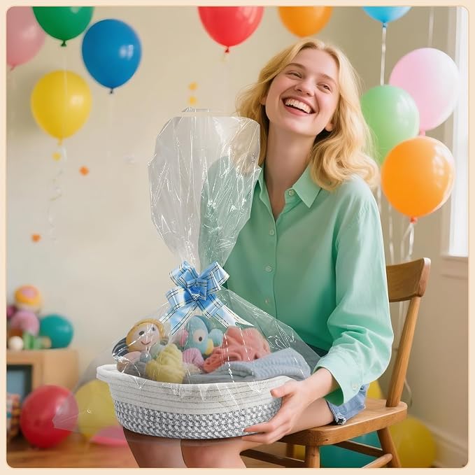 10 Pack Small Woven Basket with Gift Bags and Ribbons, Rectangle Storage Basket Set, Natural Cotton Rope Woven Baskets, Gift Basket for Baby Nursery, Toy Baskets, Bathroom Organization Bin - Image 5