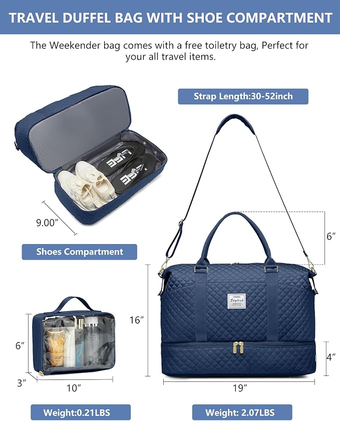 Weekender Bags for Women Duffle Bag - Travel Duffel Bag with Shoe Compartmen Carry on Overnight Bag with Toiletry Bag Gym Tote Bag with Wet Pocket Hospital Bags for Labor and Delivery Blue - Image 3