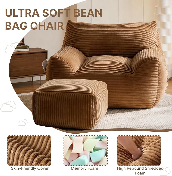 Oversized Bean Bag Chair with Ottoman, Bean Bag Couch with 2 Side Pockets, Corduroy Boneless Couch Chair in a Box, Comfy Lounge Chair for Living Room, Bedroom, Dorm, Brown - Image 6