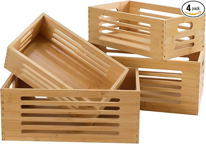 ANMINY Wood Storage Bins Crates, Nesting 4PCS, Sturdy Mortise-Tenon Joint | Natural Bamboo Boxes Bins with Built-in Handles, Sturdy Corner Joints, Hollow Stripe Design, Nestable for Pantry Shelf by ANMINY