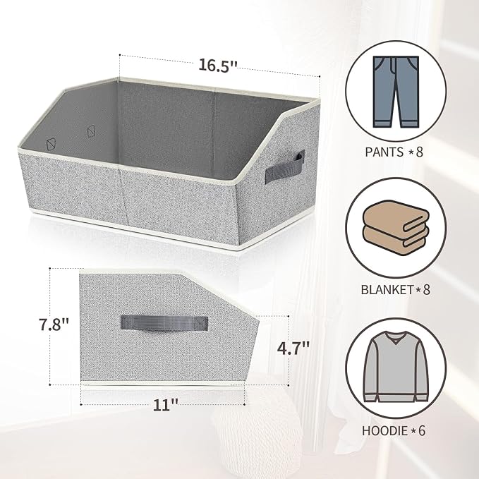 Trapezoid Closet Shelf Organizer - Large Baskets for Organizing, Fabric Storage Box for Shelves, Cube Storage Bins for Clothes, Books, Blankets, 3 Pack, Light Gray - Image 2