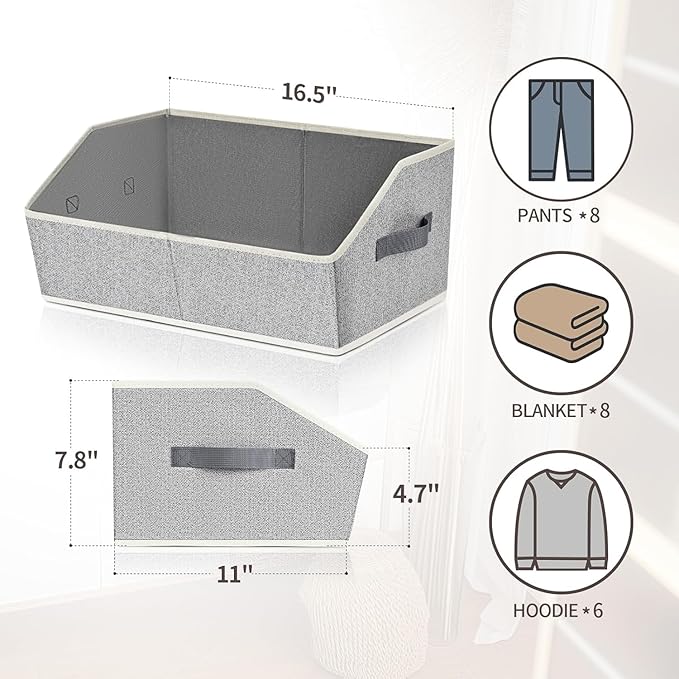 Trapezoid Closet Shelf Organizer - Large Baskets for Organizing, Storage Baskets for Shelves, Cubbies Storage Bins for Clothes, Books, Blankets, 4 Pack, Light Gray - Image 2