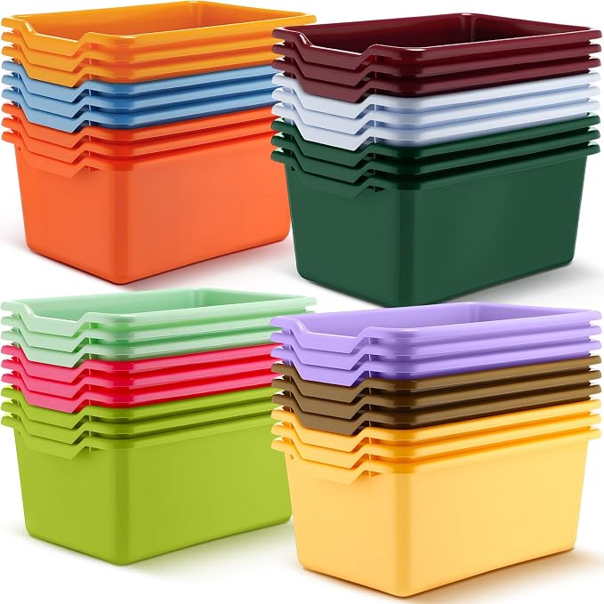 36 Pcs Book Bins for Classroom Plastic Cubby Bins Vintage Color | Scoop Front Storage Bins for Classroom Library Stackable Toy Containers for School Office Home Nursery Playroom by Dandat