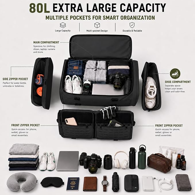 Extra Large Duffle Bag for Travel,130L Tactical Travel Duffle Bag with Shoe Compartment, Waterproof Weekender Overnight Bag - Image 4