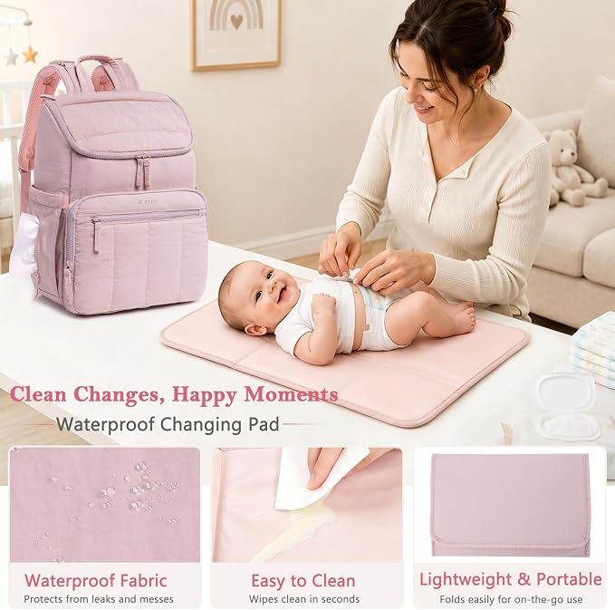 Puffy Diaper Bag Backpack for Mom, Lightweight Quilted Baby Bag with Waterproof Changing Pad, Large Travel Diaper Backpack with Insulated Bottle Pockets, Wipes Pocket, Stroller Straps - Image 6