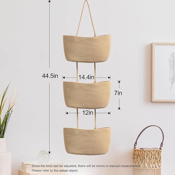 TeoKJ Over the Door Hanging Basket, 3-Tier Woven Cotton Wall-Mounted Storage Organizer Bag Decorative Hanging Nursery Baskets, Jute - Image 5