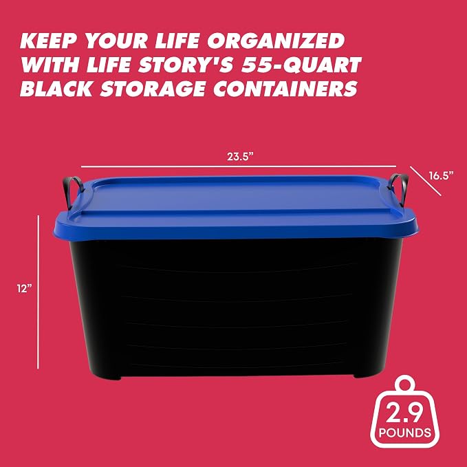 Life Story 6 Pack Heavy Duty Stackable Storage Bin, 55 Quart Home Organizer, Versatile Lightweight Locking Bins with Carrying Handles, Black/Blue - Image 4