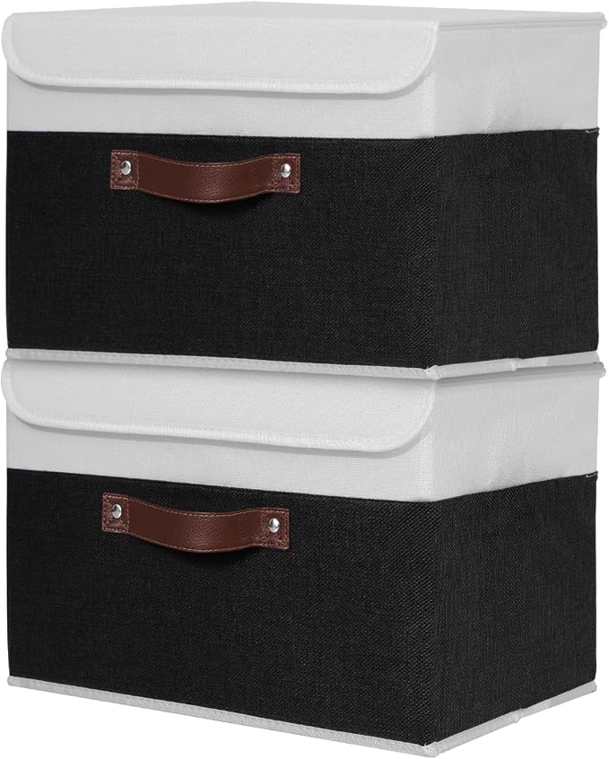 ANMINY Fabric Storage Box Bins with Lids, Black White, 13"x9"x7.9", 2 Pack | Keepsake Memory Storage, Cotton Linen, PP Board Reinforced, Washable, PU Handles, Foldable & Stackable, Decorative, Medium by ANMINY