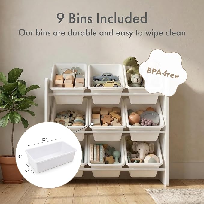 Humble Crew Kids Toy Organizer with 9 Bins, 3 Tier Storage for Playroom | Sturdy wood and steel toddler shelf, removable BPA-free containers, wall anchor anti-tip safety kit for bedroom or classroom - Image 4