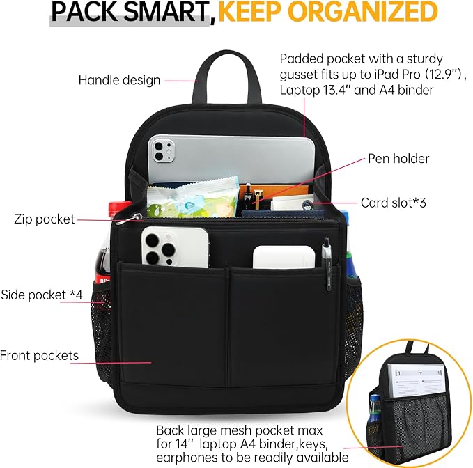 Large Premium Wider Rugged Backpack Organizer Insert for Men Women Work Travel -19 Pockets, Padded Nylon-Black - Image 2