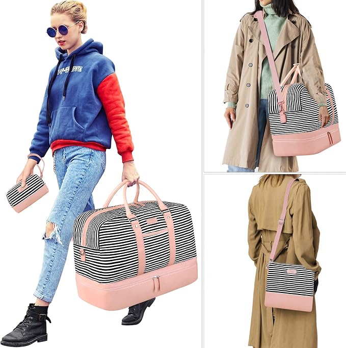 Weekender Bag for Women, Large Overnight Bag Canvas Travel Duffel Bag Carry On Tote with Shoe Compartment 21" 3Pcs Set - Image 2