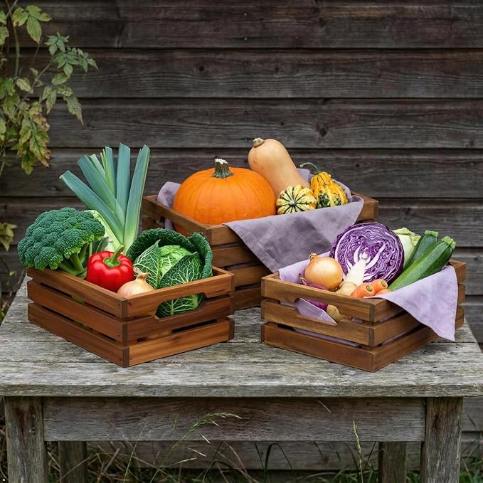 Nesting Wood Storage Crates (Set of 3) - Natural Acacia Wood Stackable Wooden Boxes for Storage & Organization - Decorative Wooden Basket Set for Fruits, Shelving & Home Decor - Image 6