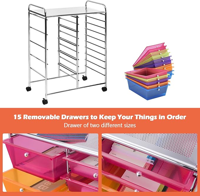 GOFLAME 15-Drawer Rolling Storage Cart, Craft Storage Cart with Removable Drawers & Lockable Wheels, Art Cart Supply Storage Organizer for Home Office Classroom, Rainbow - Image 6