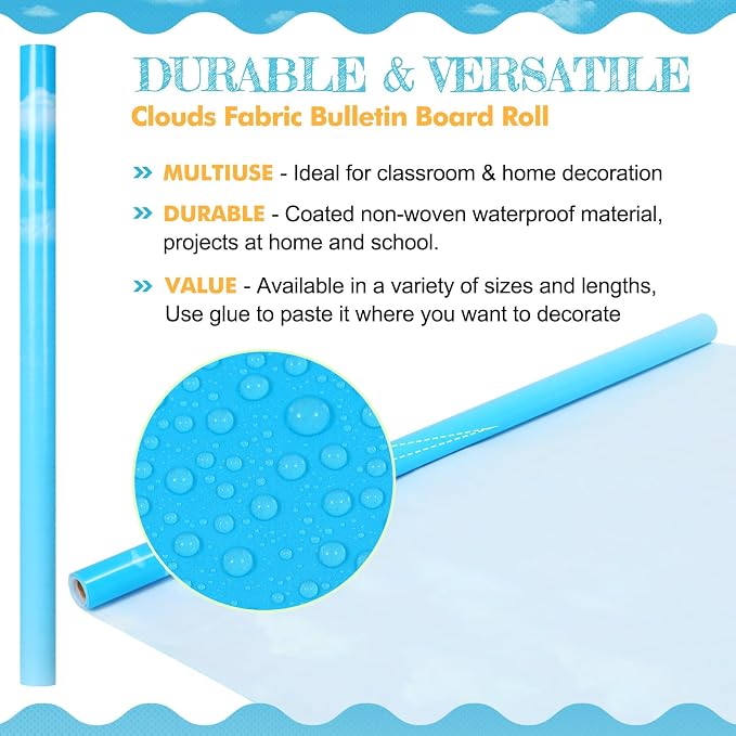 Kolldenn 2 Rolls Blue Sky Clouds Fabric Bulletin Board Paper Roll 4 x 12 ft Extra Large Non Woven Waterproof Roll Fade Resistant for DIY Craft Drawing Painting Classroom Decor - Image 3