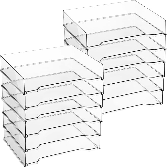 DoubleFill 12 Pcs Stackable Letter Tray Plastic Paper Tray, Clear | 13 x 9.5 x 2.6 In, Rectangular, Paper Holder, File Tray for Desktop Office Desk Drawers by DoubleFill