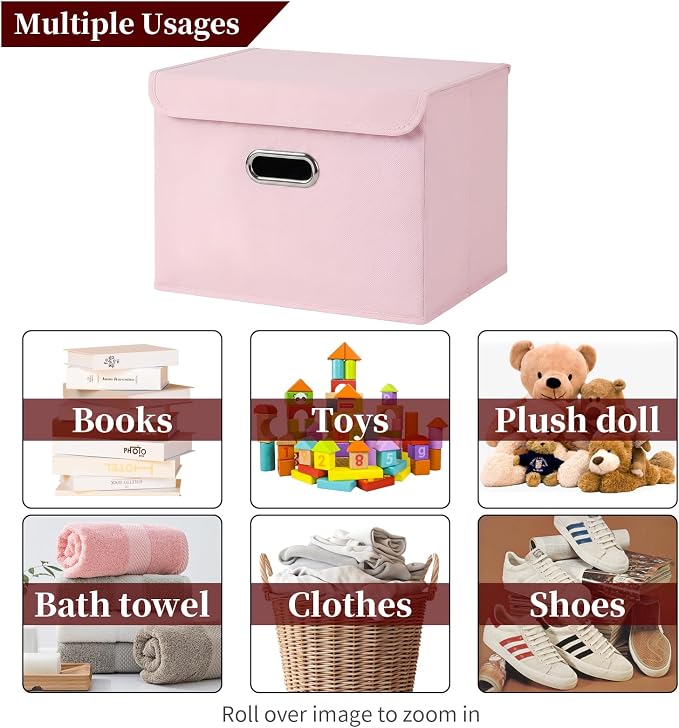STOREONE Fabric Storage Cube Bins Foldable Organizer Container Collapsible Basket with Lids and Metal Handles, for Home, Bedroom, Closet 3 Pcs (multicolour-light pink) - Image 3