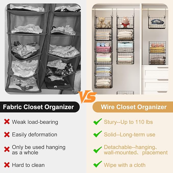6 Tier Closet Hanging Organizer, Clothes Hanging Shelves with 4 Hanging Hooks 5 S Hooks, Wire Storage Basket Bins, for Clothing Sweaters Shoes Handbags Clutches Accessories Patent Design-Black - Image 5