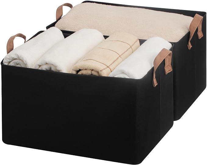 StorageWorks Fabric Storage Bins, Linen Closet Organizers, Black, 2-Pack | 45L, With Reinforced PU Handles, Metal Frame, Collapsible, Storage Basket for Shelves, Closet, Holds Clothes, Towels, Blanket by StorageWorks