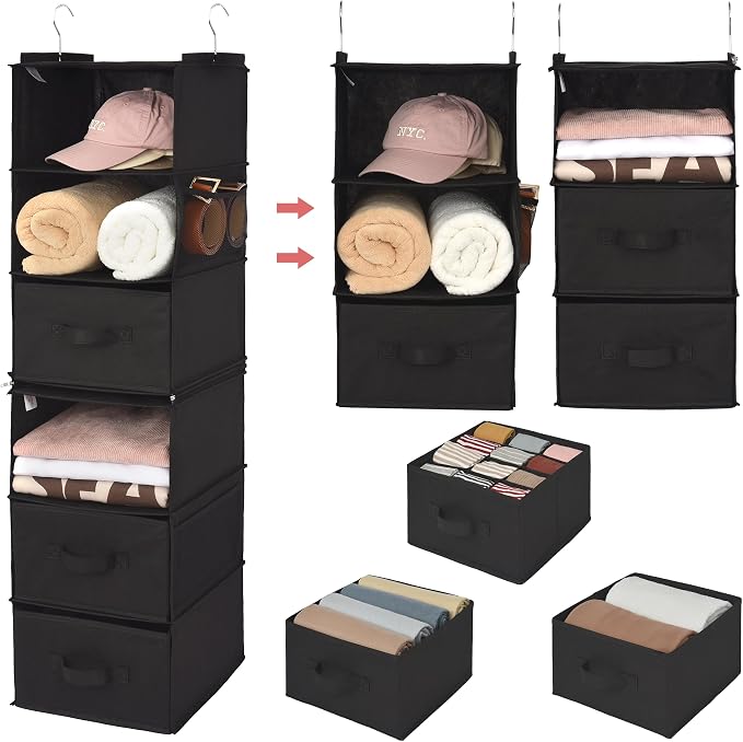 GRANNY SAYS Hanging Closet Organizer, 5 Drawers, 6 Shelves, 4 Pockets | Hanging Closet Organizer with 5 Different Drawer Designs, 6 Shelves & Reinforced Structure for Organized Small Spaces, Black by GRANNYSAYS