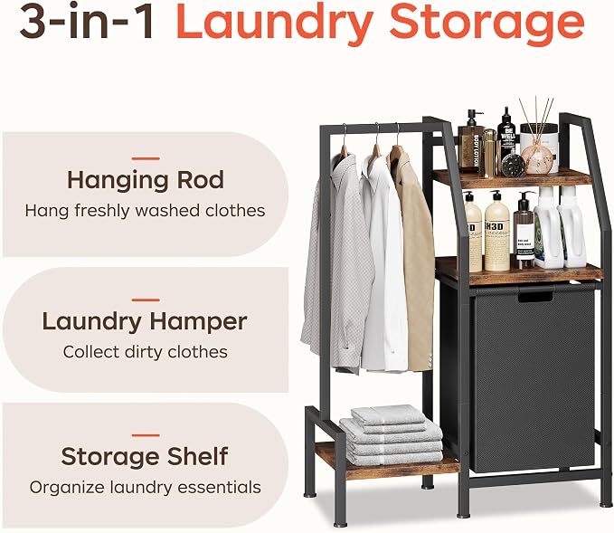 Laundry Hamper with Hanging Rack and 3 Shelves, Large Laundry Storage Basket, 3-in-1 Vertical Laundry Sorter, Laundry Room Organizer Storage for Small Spaces - Image 5