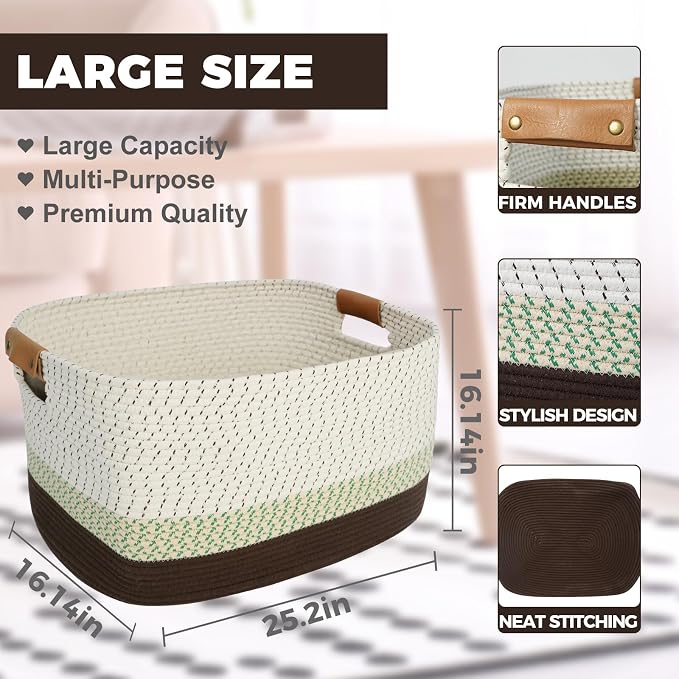 108L Large Basket for Living Room, Nursery & Laundry, Kids Toy Basket Storage with Leather Handle, 25’’*16’’*16’’ White & Mottled Green - Image 2