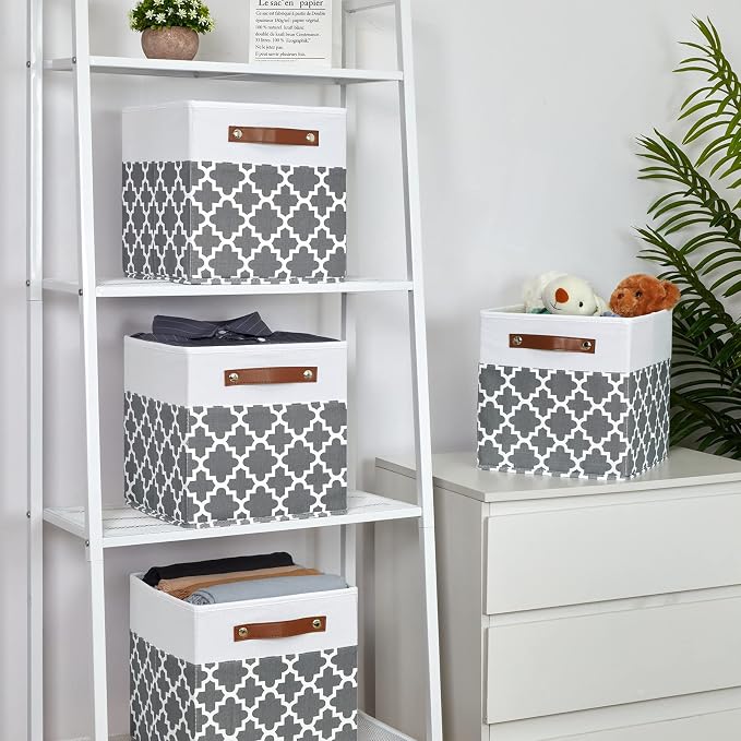 Temary 11x11x11 Cube Storage Bins Cube Organizer Bins 4 Pack Canvas Storage Bin for Home, Cube Storage Basket with Leather Handles(Grey Lattice) - Image 6