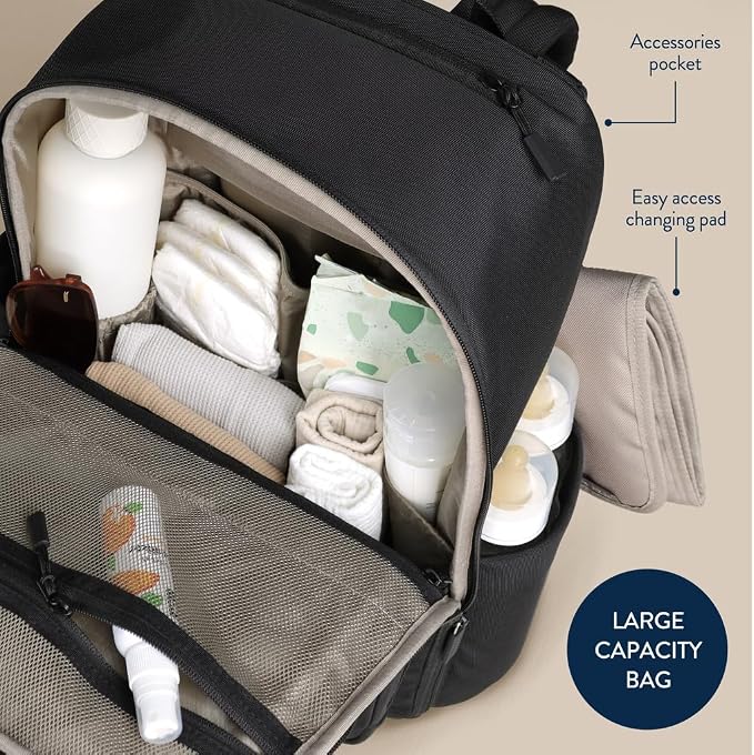 Itzy Ritzy Utility Diaper Bag Backpack, 17 Pockets w/Changing Pad (Black) | Travel-Ready Diaper Backpack with 2 Insulated Bottle Holders, Laptop Compartment, Trolley Sleeve, Straps, and Changing Pad - Image 7
