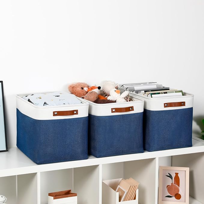 DULLEMELO Large Storage Baskets with Leather Handles for Linen Closet and Home Office, Decorative Baskets for Toys Storage (White & Blue) - Image 4
