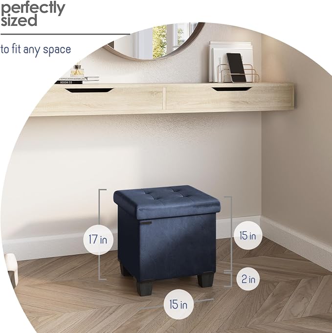 Storage Ottoman Cube with Small Bin, 15-in Square Ottoman with Storage for Living Room and Bedroom, Small Ottomans Foot Rest, Leather Foot Stools Ottomans Max 330lbs, Blue - Image 8