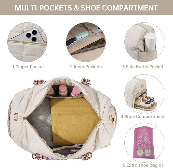 Duffle Bag for Travel, Weekender Bag with Shoe Compartment, Carry On Overnight Bag for Women with Toiletry Bag, Gym Bag with Wet Pocket, Hospital Bags for Labor and Delivery Beige - Image 4