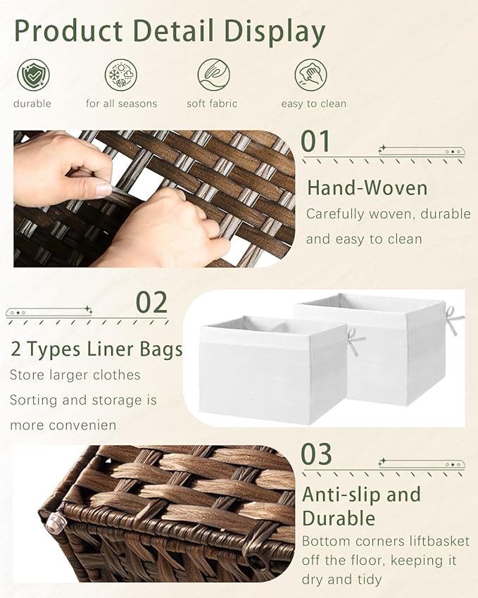 SETVSON Storage Basket with Lid Wicker Baskets for Storage, 160L Brown | 42.3 Gallon Storage Bin with 2 Separate Lids, 2 Removable Liners for Clothes & Blankets, Sturdy Metal Frame, PE Rattan - Image 3