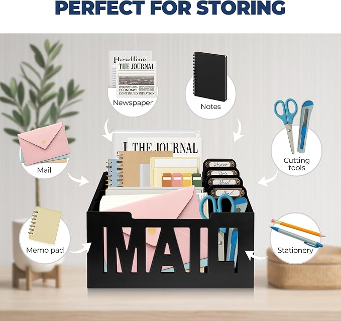 Mail Organizer Countertop, Desktop Mail Sorter with 4 Slots & Labels, Black | Bills, Letters, Envelopes & Receipts - Image 2