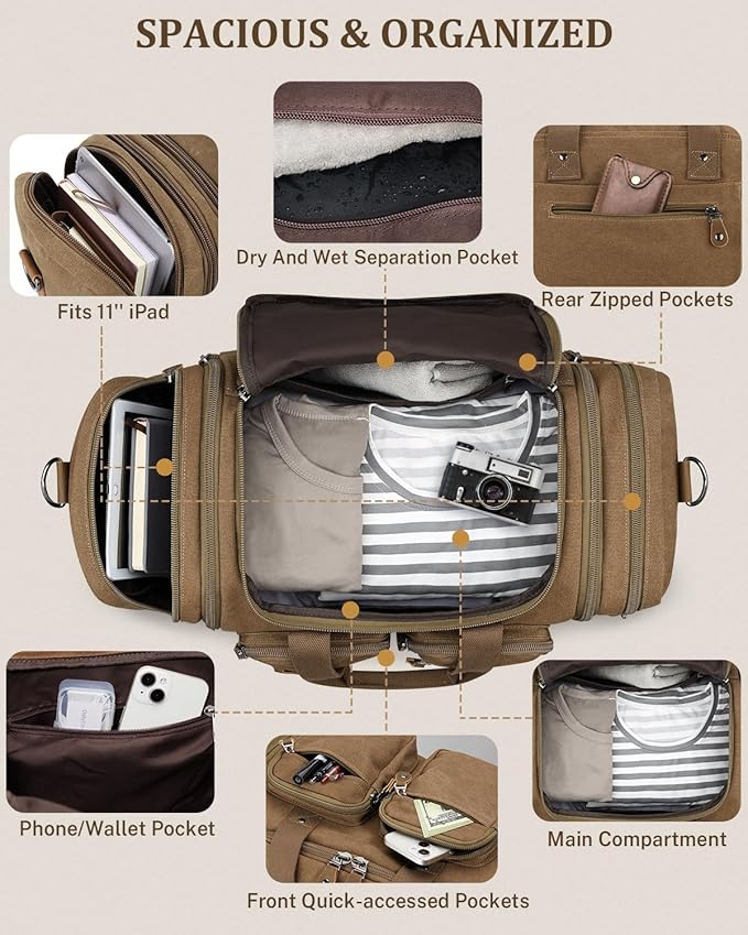Gonex Duffle Bag for Travel, Expandable 50L Overnight Weekender Gym Bag | Water-Resistant Canvas, Wet-Dry Pocket, Luggage Sleeve, Carry-On Size, Detachable Strap, Coffee - Image 4