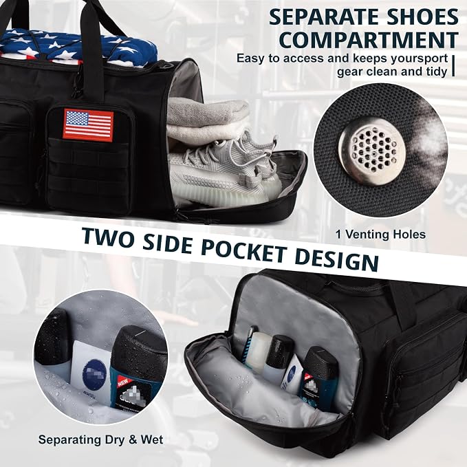 Tactical Gym Bag for Men,70L Large 3-in-1 Sports Duffle Bag for Travel Gym | Water Resistant ,Adjustable Shoulder Strap,MOLLE Weekender Overnight Bag with Shoes Compartment,Gym Backpack for Gym,Travel - Image 7
