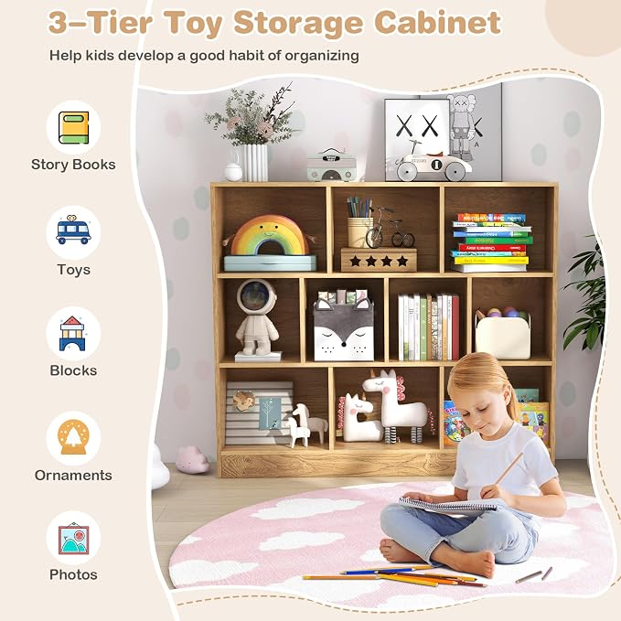 HONEY JOY Kids Toy Storage Organizer, 10-Section Wooden Floor Storage Cabinet, 41” Daycare Toy Chest, 3-Tier Kids Display Bookshelf for Classroom, Playroom & Nursery, Kindergarten (Natural) - Image 4
