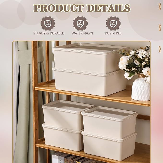 6 Pcs White Large and Small Plastic Storage Bins with Lids | 14.4 x 10.4 x 5.1 Inch and 10.6 x 7.5 x 4.7 Inch, Stackable Storage Container, Decorative Organizer for Shelves Closet Office - Image 3