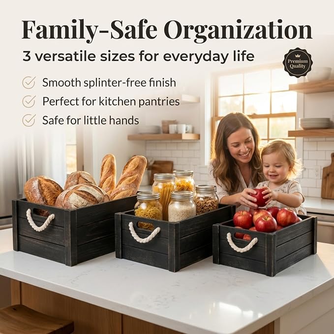 Set of 3 Black Wooden Crates with Rope Handles, Nesting Decor Storage Boxes | Rustic Farmhouse Organizer for Kitchen, Living Room, Bathroom, or Pantry. Nesting Design Keeps Shelves Tidy. - Image 10