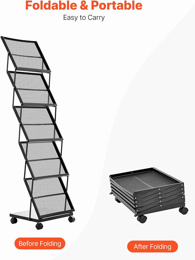 VEVOR Brochure Display Rack, Foldable 5 Pockets Magazine Literature Display Stand, Movable Floor Standing Magazine Rack with Wheels, Metal Newspaper Catalog Holders for Shop Exhibitions Office Show - Image 5