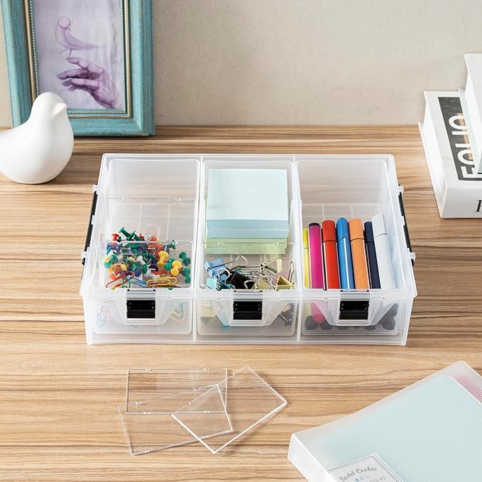 MyGift Single Add-on Tray for 11 Inch Clear Arts and Crafts Stackable Storage Box, Sewing Supplies Storage Organizer Case Accessory Optional Tray with Black Accents, 3 Drawers and Removable Dividers by MyGiftHome
