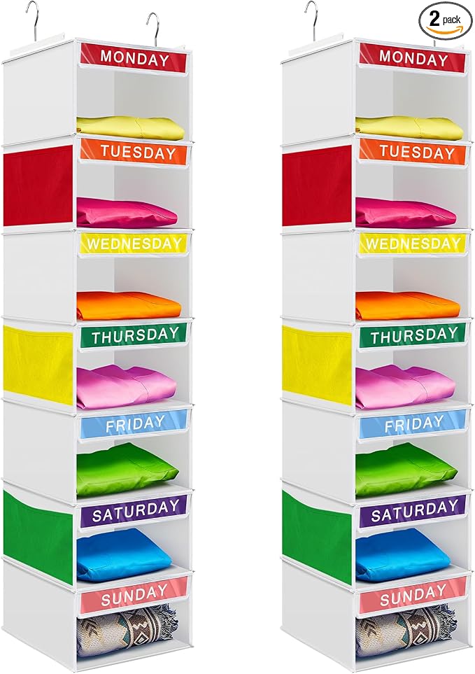 2 Pcs 7 Shelf Weekly Clothes Organizer for Kids Hanging Closet Organizer 11. 8 x 11. 8 x 50 Inches Daily Activity Kids Clothes Storage Drawers Cube Drawers Closet Hanging Shelves(White) by Amylove