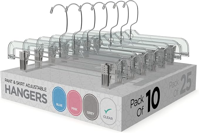 Pants & Skirt Hangers with Adjustable Metal Clips - Durable Space Saving Closet Hanger for Pants, Jeans, Shorts, Shirts - Clothing Garment Hangers for All Types of Apparel - Clear, 10 Pack by Sharpty