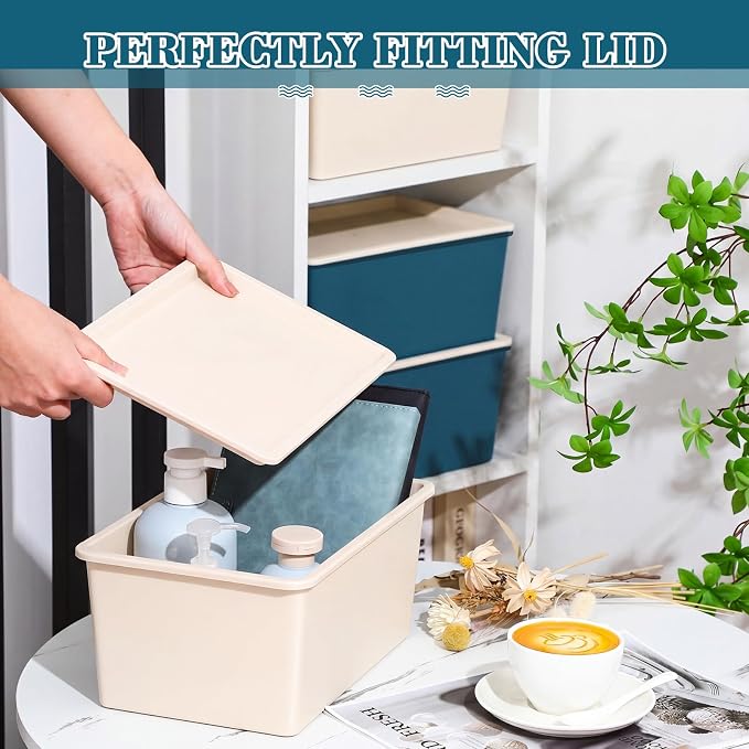 4 Pcs Storage Bins with Lids, Beige, Blue, Small | Plastic Stackable Organizing Containers, Heavy Duty Storage Boxes for Classroom Room Shelves, Christmas Ornaments Baskets - Image 4