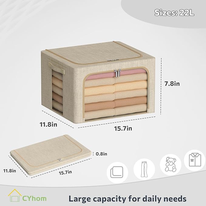CYhom Clothes Storage Bins Box - Linen Fabric Foldable Stackable Container Organizer Set with Clear Window & Carry Handles & Metal Frame - 2Pack Large Capacity for Bedding, Blankets, Books - Image 4