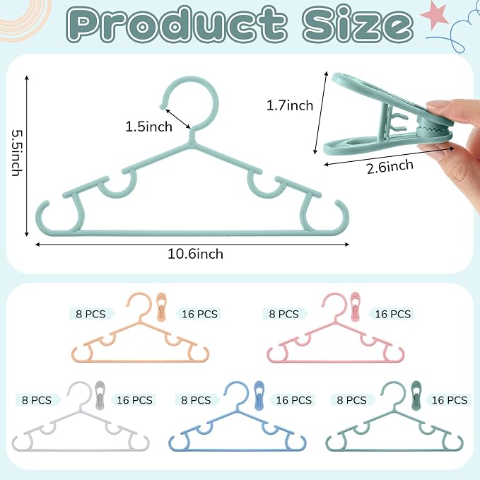 Hsei Baby Hanger with Clip for Pant,120 Packs Total,Morandi Color,10.6 Inch | 40 Kids Plastic Hanger with 80 Clips for Newborn, Nursery, Daycare, Preschool, Closet, Wardrobe Organizer for Baby Shower - Image 2